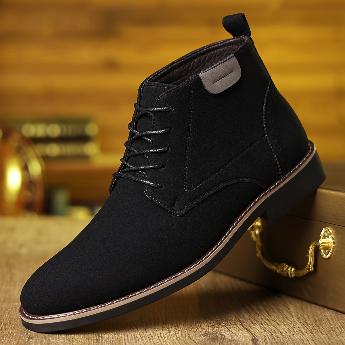 Men's Black Business Casual Shoes - Retro Mid-Top Lace-Up Pointed Toe with -Like Upper & Rubber Sole, All-Season Versatile for Office, Parties, Daily Wear, Office Boots | Sleek Laceup Boots | Durable Rubber Sole, Dressy Shoes