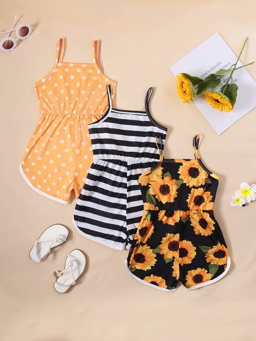 3pcs set for girls adorable polka dot striped floral print cami rompers with bow detail stretchy comfortable polyester blend ideal for summer outdoor gifts stylish jumpsuit holiday gift outdoor