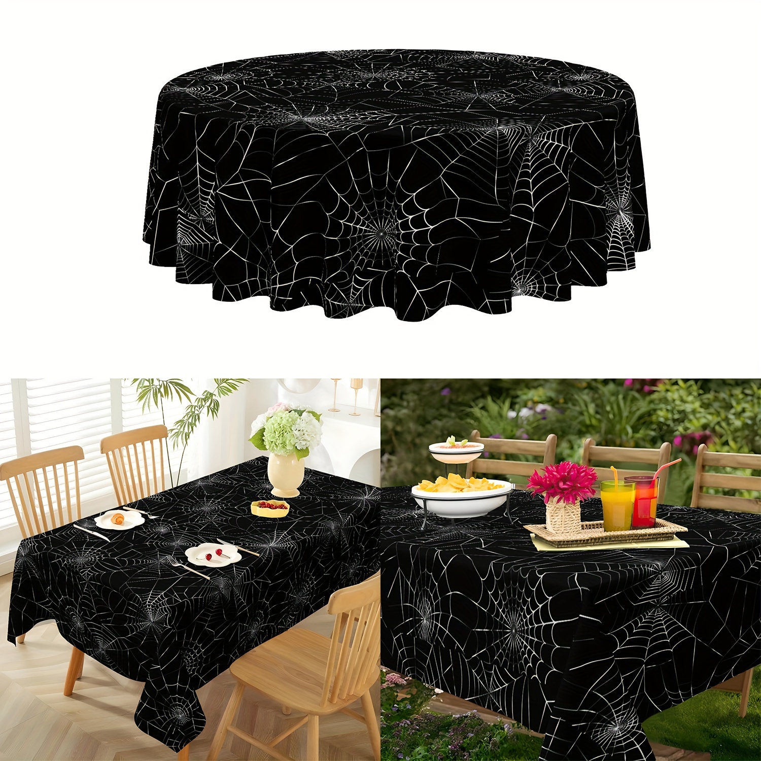 

Jit Spiderweb Tablecloth - 100% Polyester Round Table Cover, Stain Resistant, Machine-woven Graphic Cobweb Pattern For Party Decor, 60 Inch