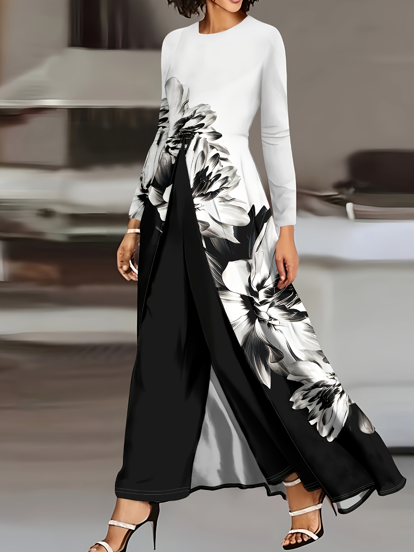 womens elegant floral print long sleeve jumpsuit high low Temu