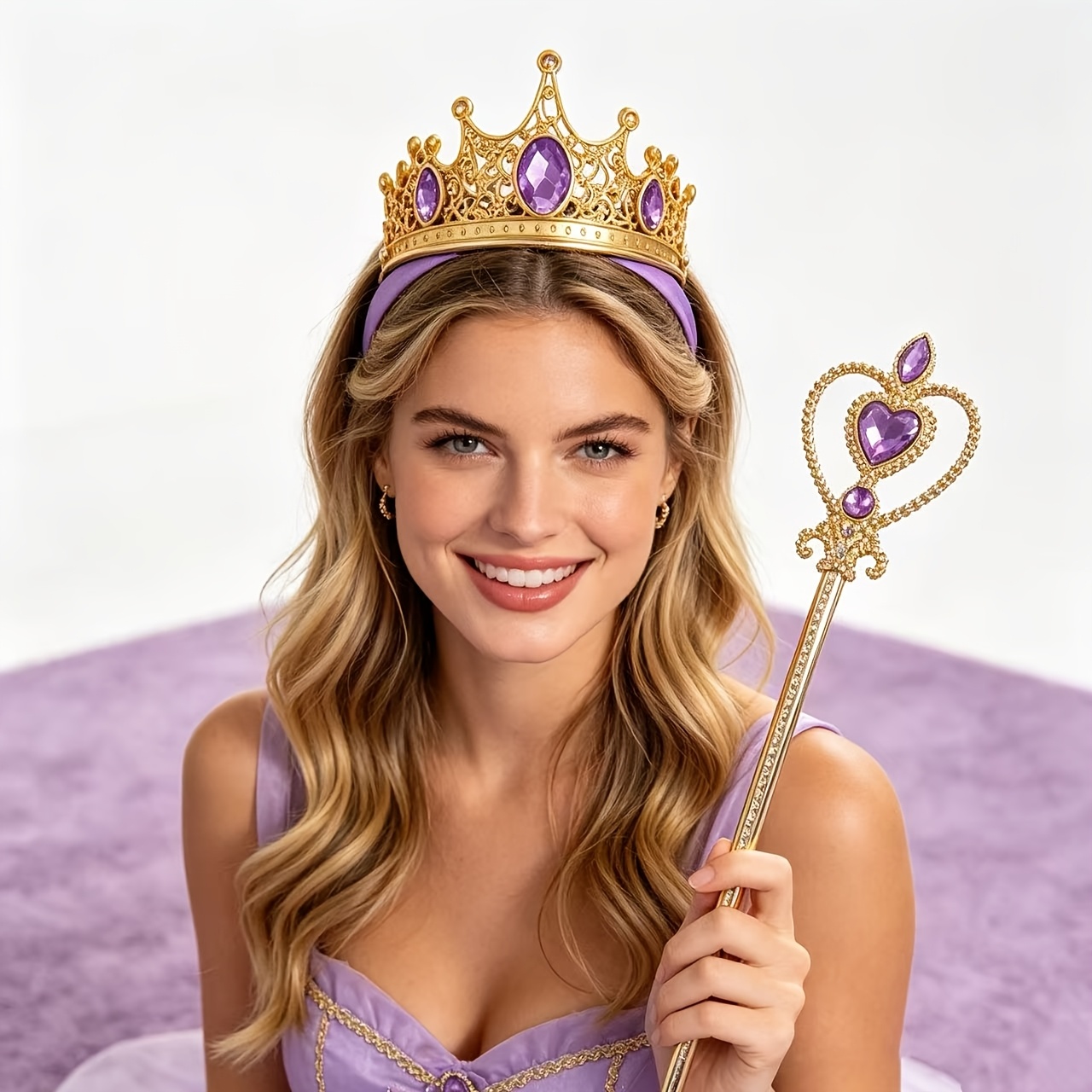 4pcs Golden Gemstone Crown Headband and Heart Magic Wand Set