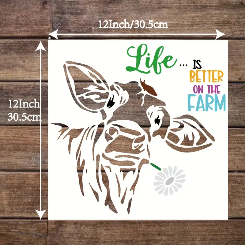 FINGERINSPIRE Reusable Cow With Flower Stencil 11.8x11.8" - For Painting On Wood, Walls, Fabric