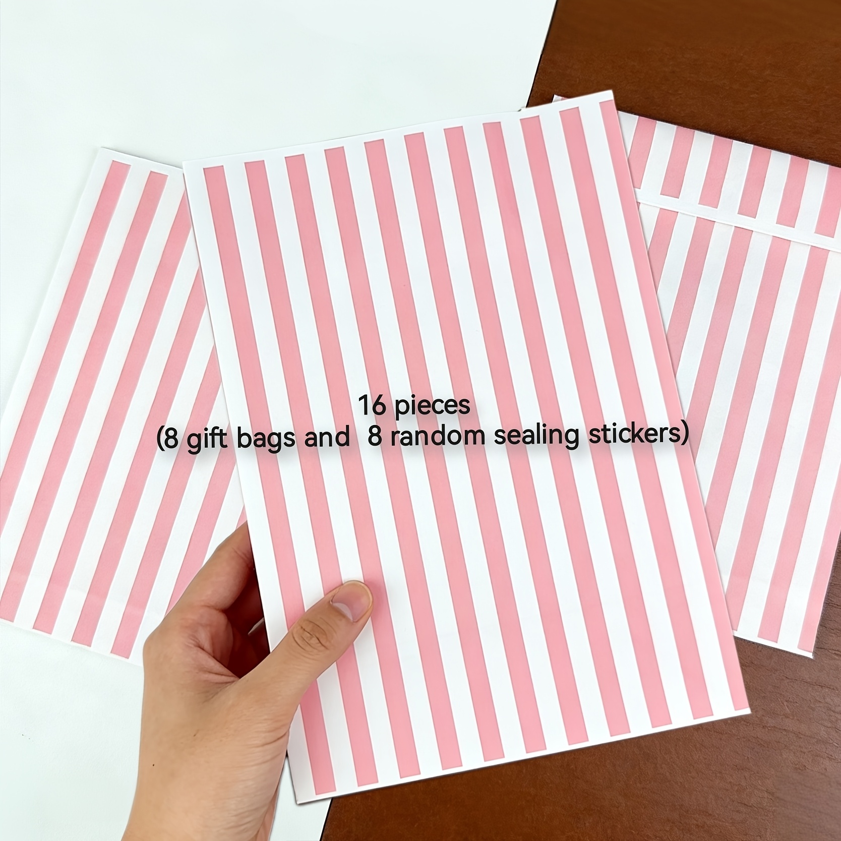 E-shop 16-teiliges Set: 8 8 zufällige Verschlussaufkleber. Geschenkverpackungsbeutel im Ins-Stil mit rosa-weißen Streifen, hochwertige Papiertüten,