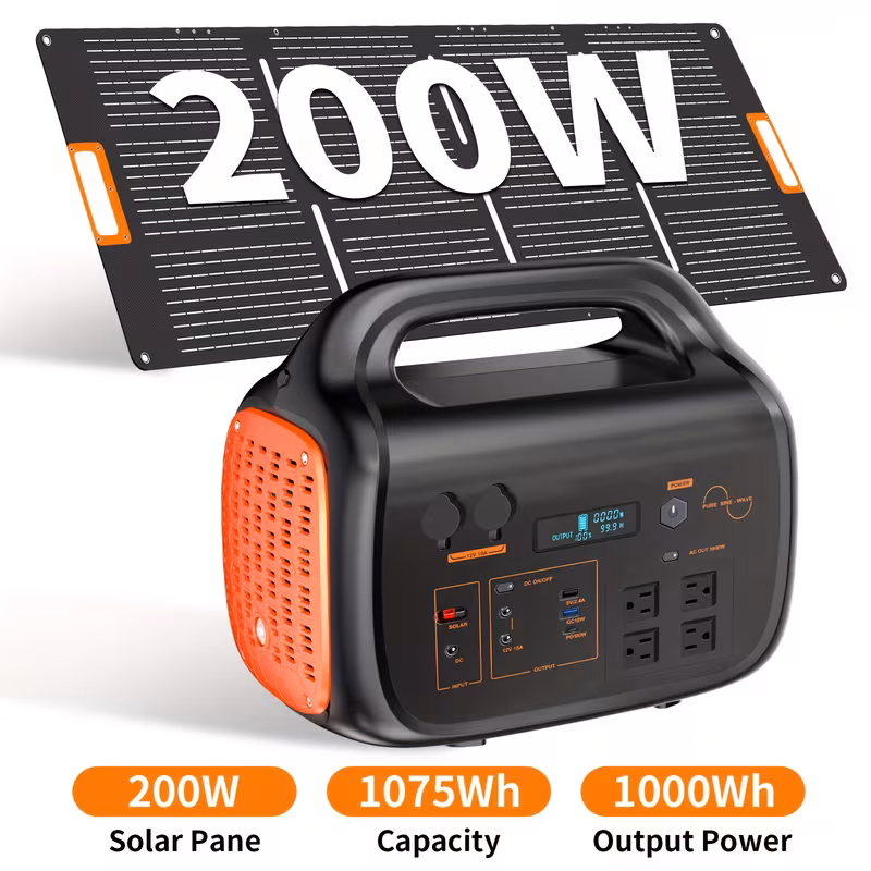1000w portable power supply featuring a 200w solar panel 1075wh lithium battery backup 120v 1000w ac outlet solar generator ideal for home rv outdoor activities camping and emergency Product details 0
