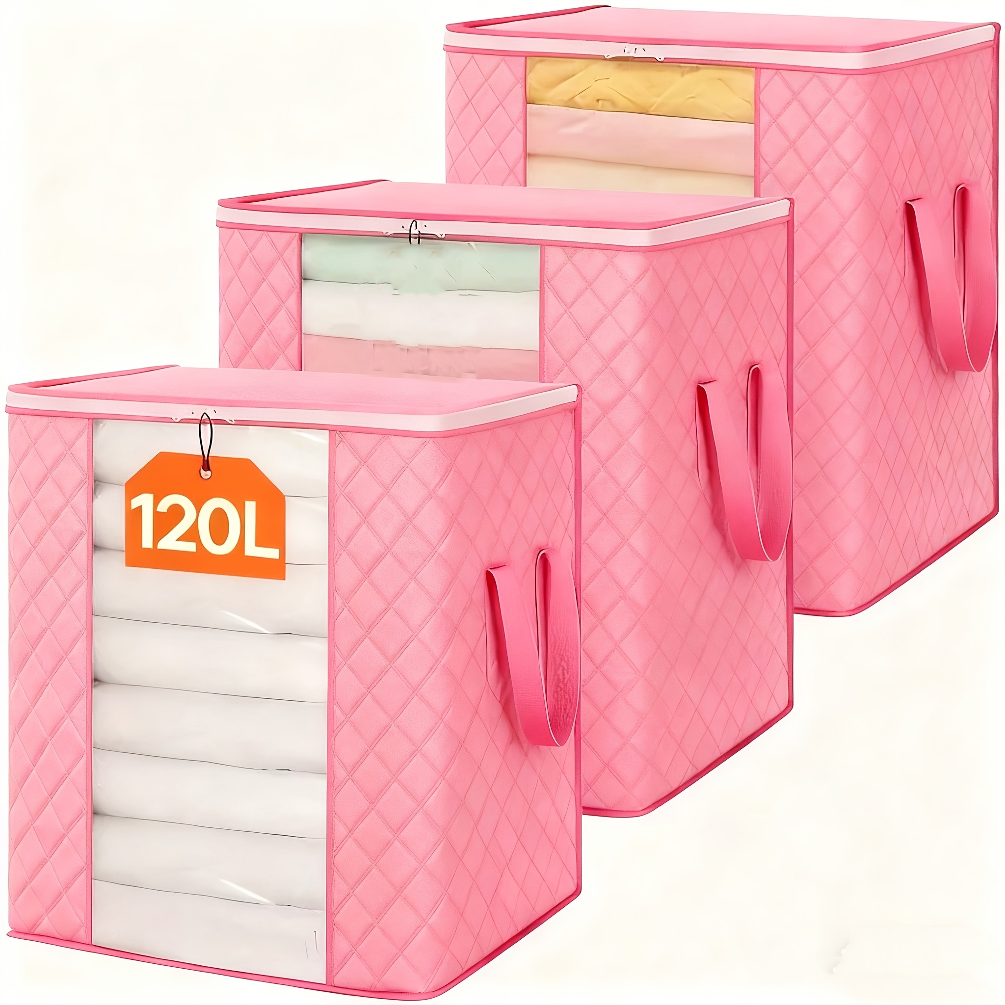 TEMU Set di 3 sacchi extra-large da 31.7 per biancheria da letto - Tessuto traspirante e pieghevole con manici rinforzati e finestra , in stile rosa,