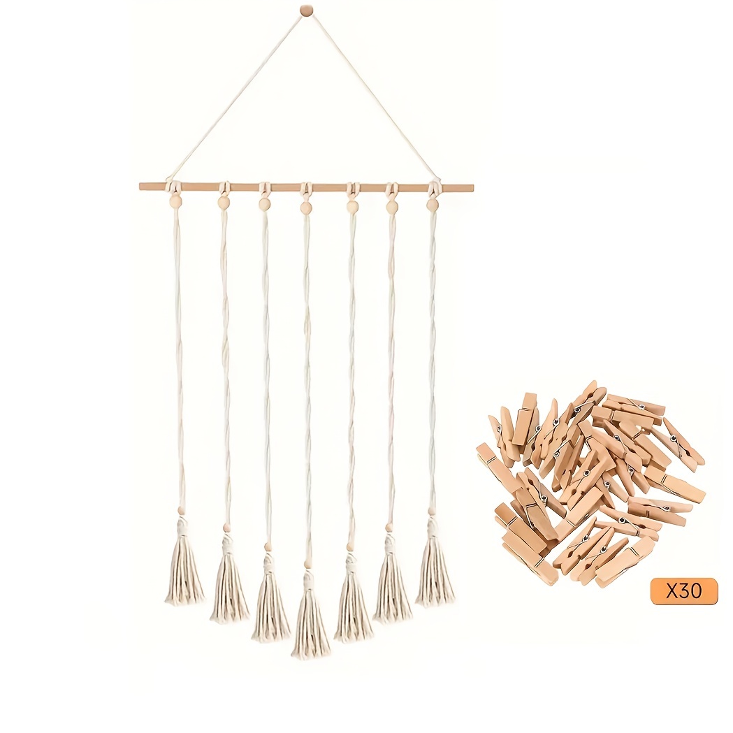 Image of Boho Hanging Tassel Photo Display With 30 Wood Clips, Macrame Collage Picture Frame, Boho Home Decor For Living Room Bedroom