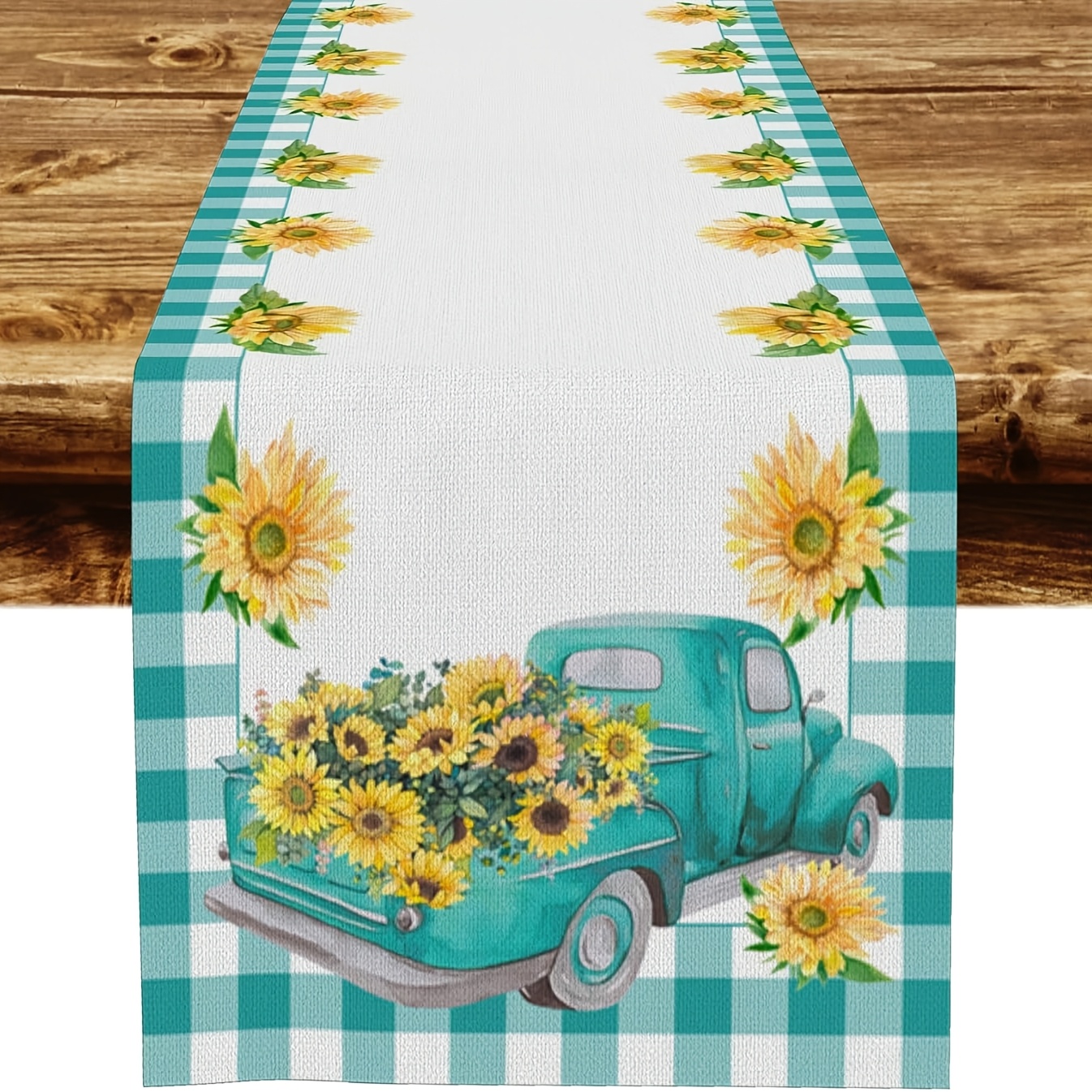 

1pc Rustic Teal And Sunflower Linen Table Runner, Woven Farmhouse Decor, Country Style Floral Dining Decoration, Rectangular Burlap Table Runner For Indoor & Outdoor, 13x48/13x72/13x108 Inch