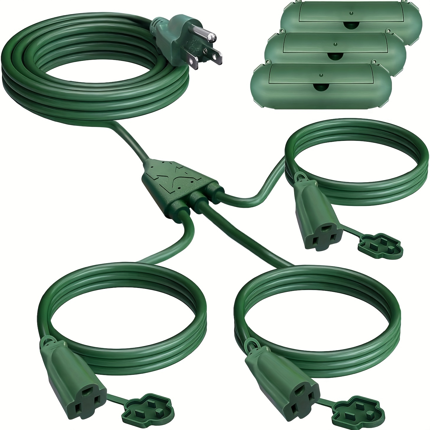 

Extension Cord 1 To 3 Splitter, Max 38ft End To End (50ft Total), With 3 Weatherproof Covers For Indoor And Outdoor, 16/3 Sjtw Weatherproof Wire For Holiday Decoration Light, Ul Listed, Green