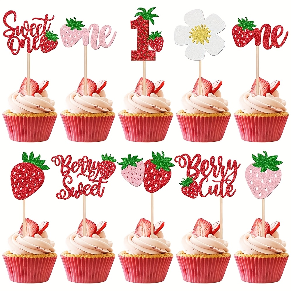 Image of 20pcs Sweet Cupcake Toppers Glitter 1st Birthday Cupcake Picks Strawberry Birthday Decorations For First Birthday Party Cake Decorations Supplies
