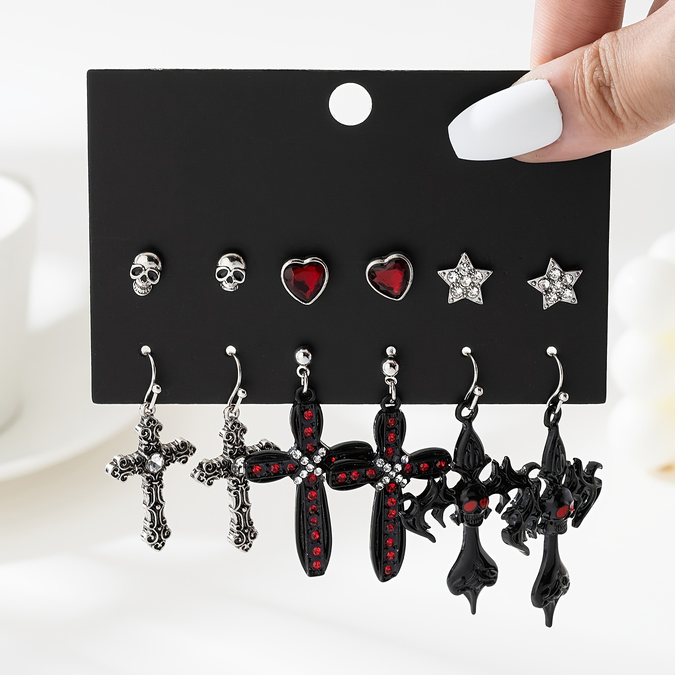 Image of 6 Pairs Gothic Dark Style Skull Heart Flower Cross Sparkling Cross Skull Fire Cross Creative High V Fashion Set Card