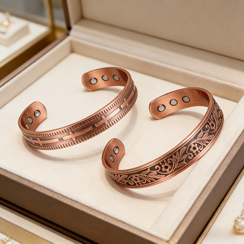 TEMU 2pcs Set Of Strong Magnetic Of Life Bracelets- Adjustable Solid Copper Bangles With Exquisite , Unisex Jewelry, Polished Finish
