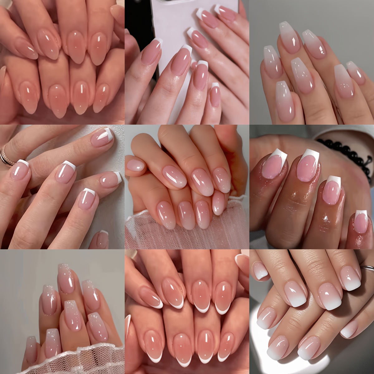 TEMU 216pcs Short Square, Oval, Almond & Coffin Shapes False Nail Tips, French Gradient Press On Nails Kit, 12 Sizes Salon Grade Elegant Nail