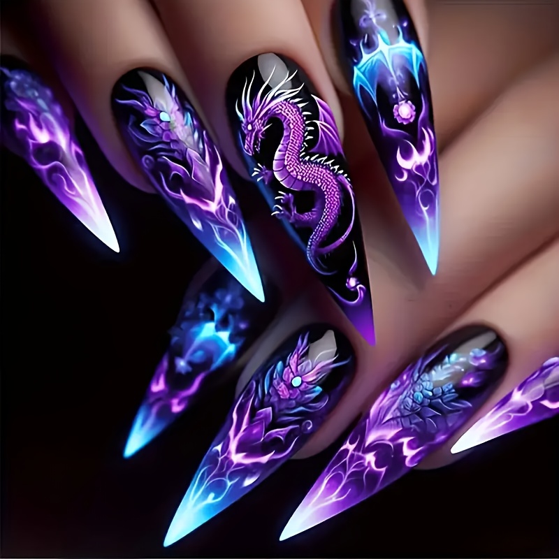 TEMU Ensemble de 24 autocollants pour ongles , effet dégradé bleu - surface , motif animalier, incluant un ensemble complet d'outils de , colle en