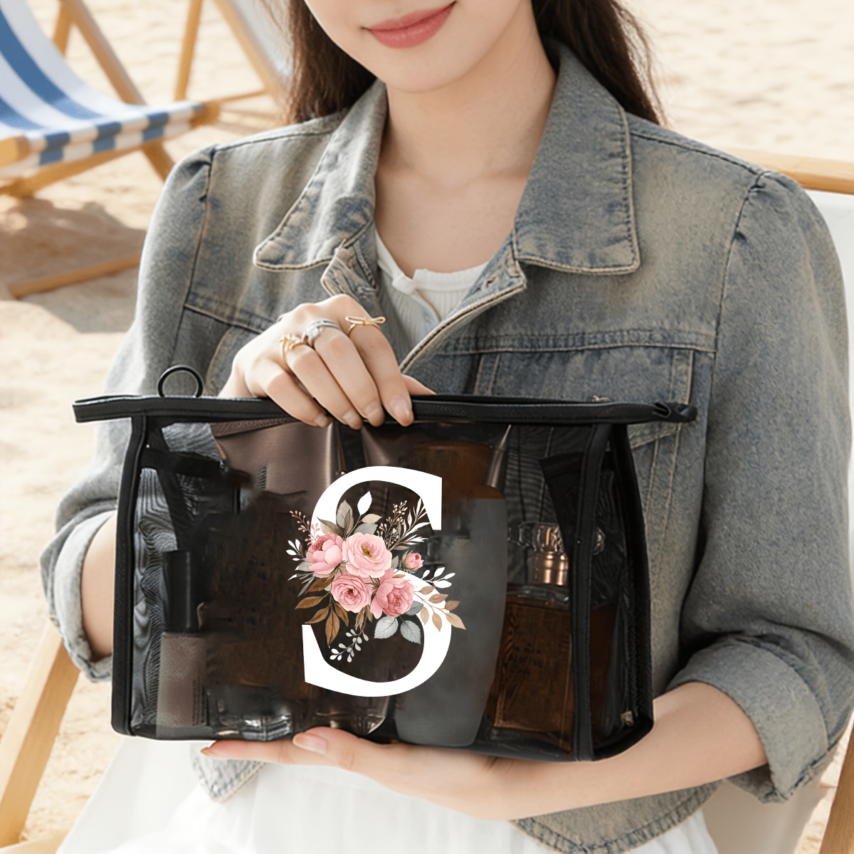 TEMU Borsa da toilette grande in rete adatta per , palestra, viaggio - Organizzatore per cosmetici con cerniera e alfabeto A-Z rosa, borsa lavabile