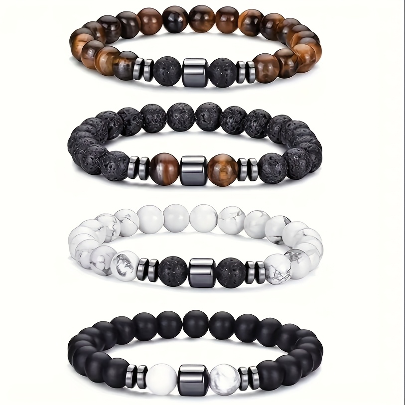 4pcs/set Tiger Eye Howlite Hematite Beaded Bracelets Suitable For , Elastic Stretch With Eye Beads, Daily Wear For,,, - Mother's Day Father's Day Gifts