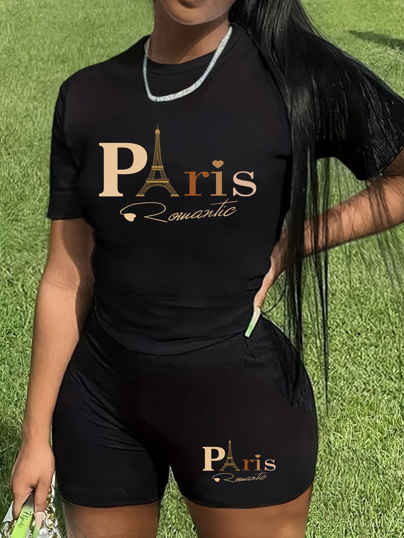 casual paris letter print two pieces short sleeve t shirt biker shorts outfits womens clothing details 1