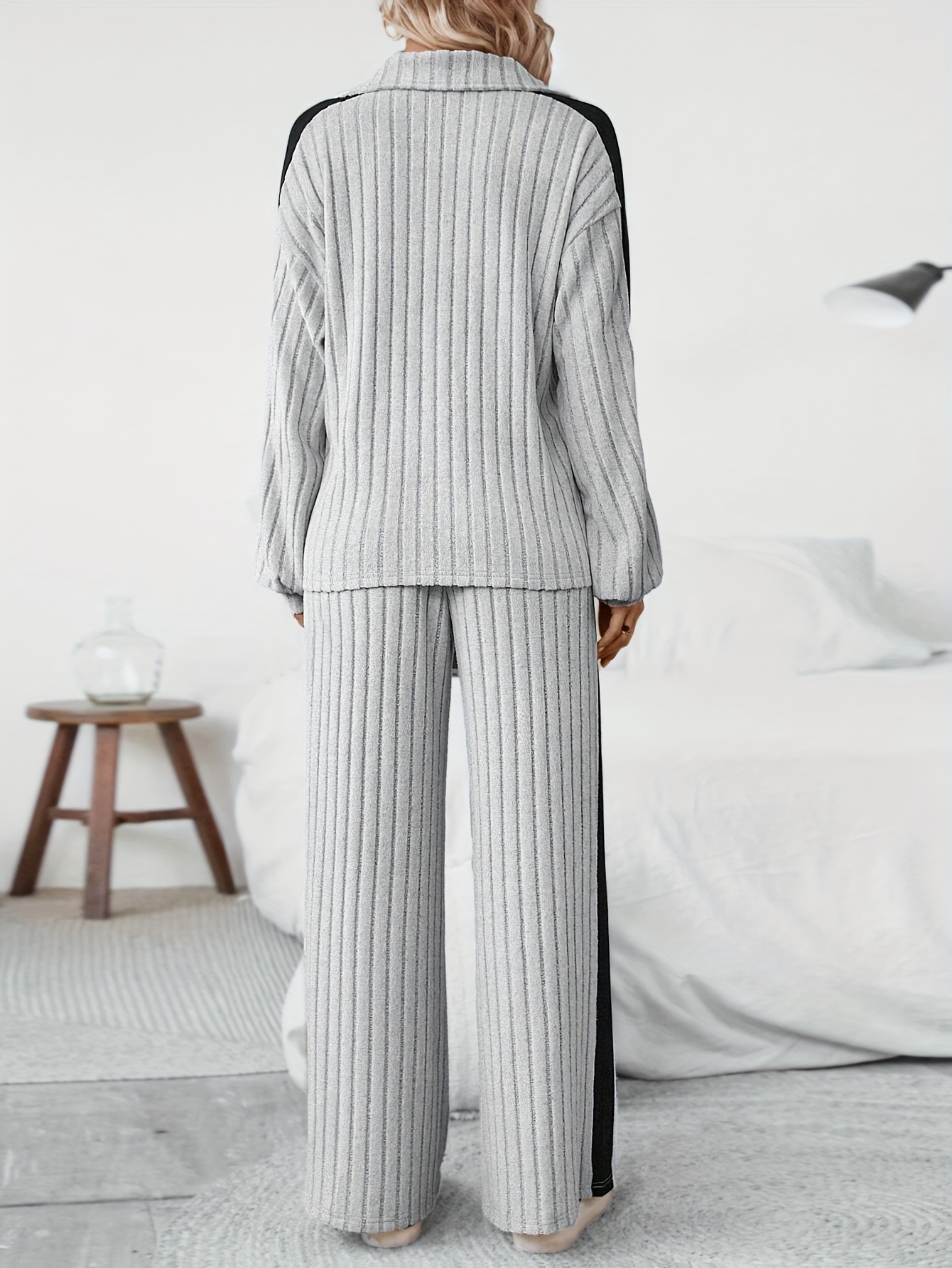 women's elegant beige black striped long sleeve zip pajama Temu