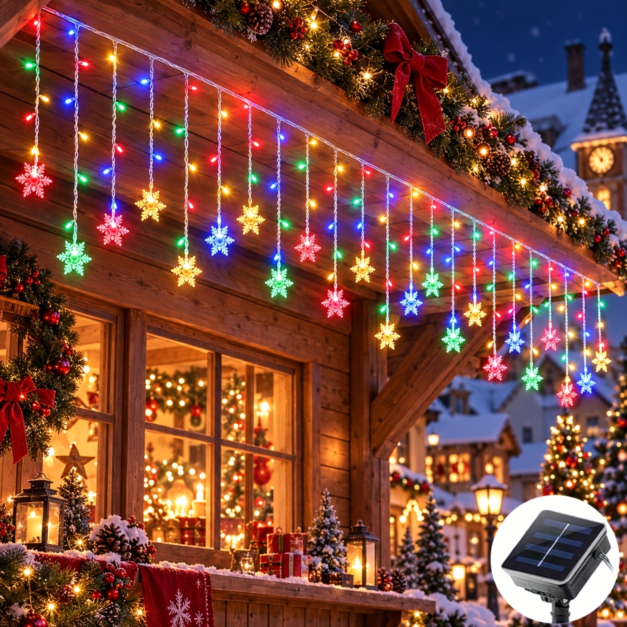 TEMU Solar Snowflake Christmas Icicle Lights Outdoor, 96 Led Christmas Curtain String Lights, 550cm/216.54in Total Length, 8 Modes Auto On At Night