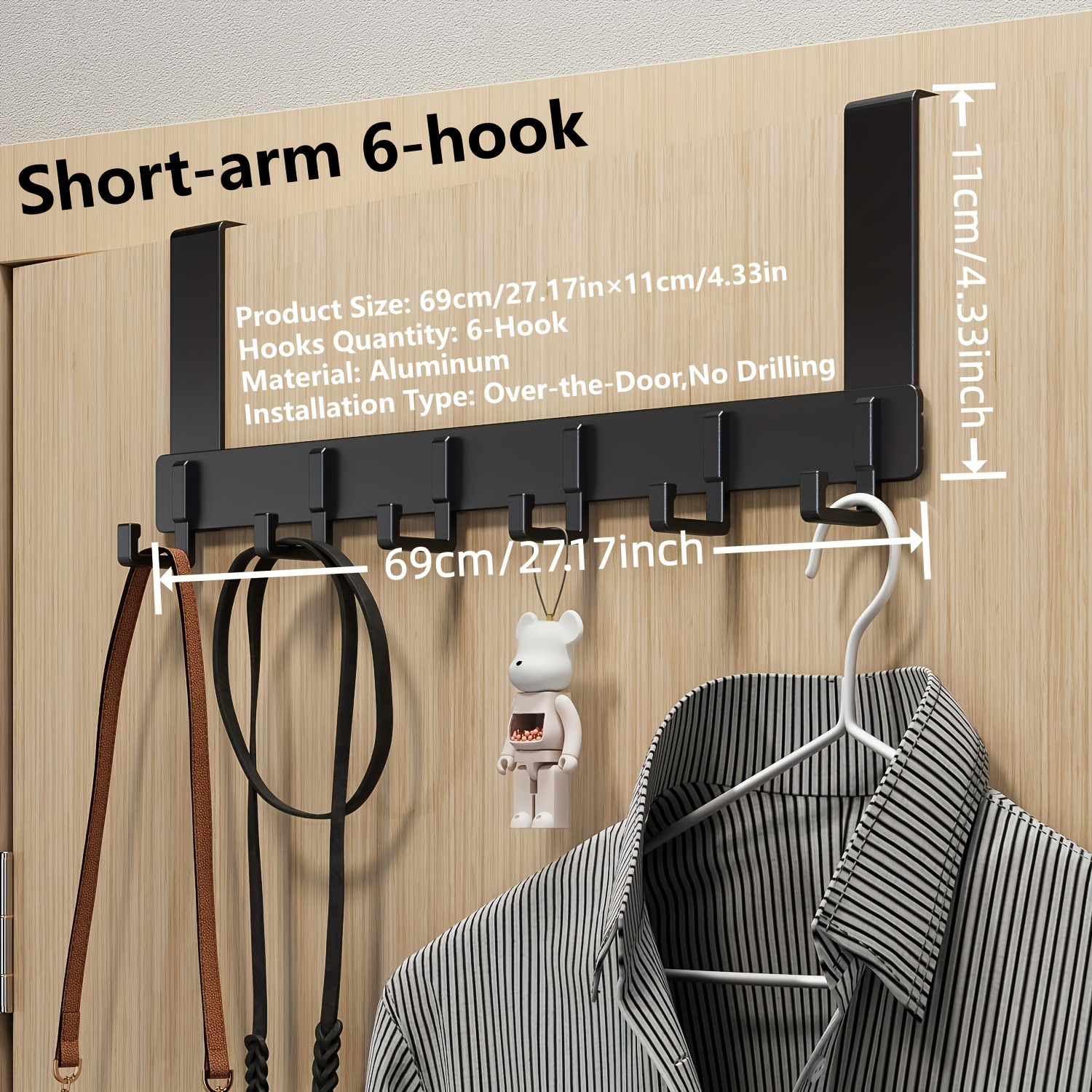 Image of [6pcs Over-the-door Hooks No-drill Hangers] Bathroom Kitchen Bedroom Multi-use Storage Rack Easy Wall-mounted Hook Towel Coat Hanger Home Decor