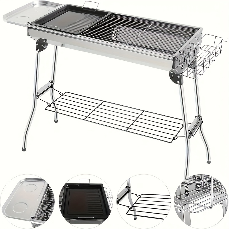 Grand barbecue de luxe pour les rassemblements à domicile et le camping, doté d'un grand gril en acier inoxydable, d'un barbecue portable pliable en charbon de bois adapté au camping, aux voyages, au parc et à la plage. Les fêtes de barbecue en plein air.