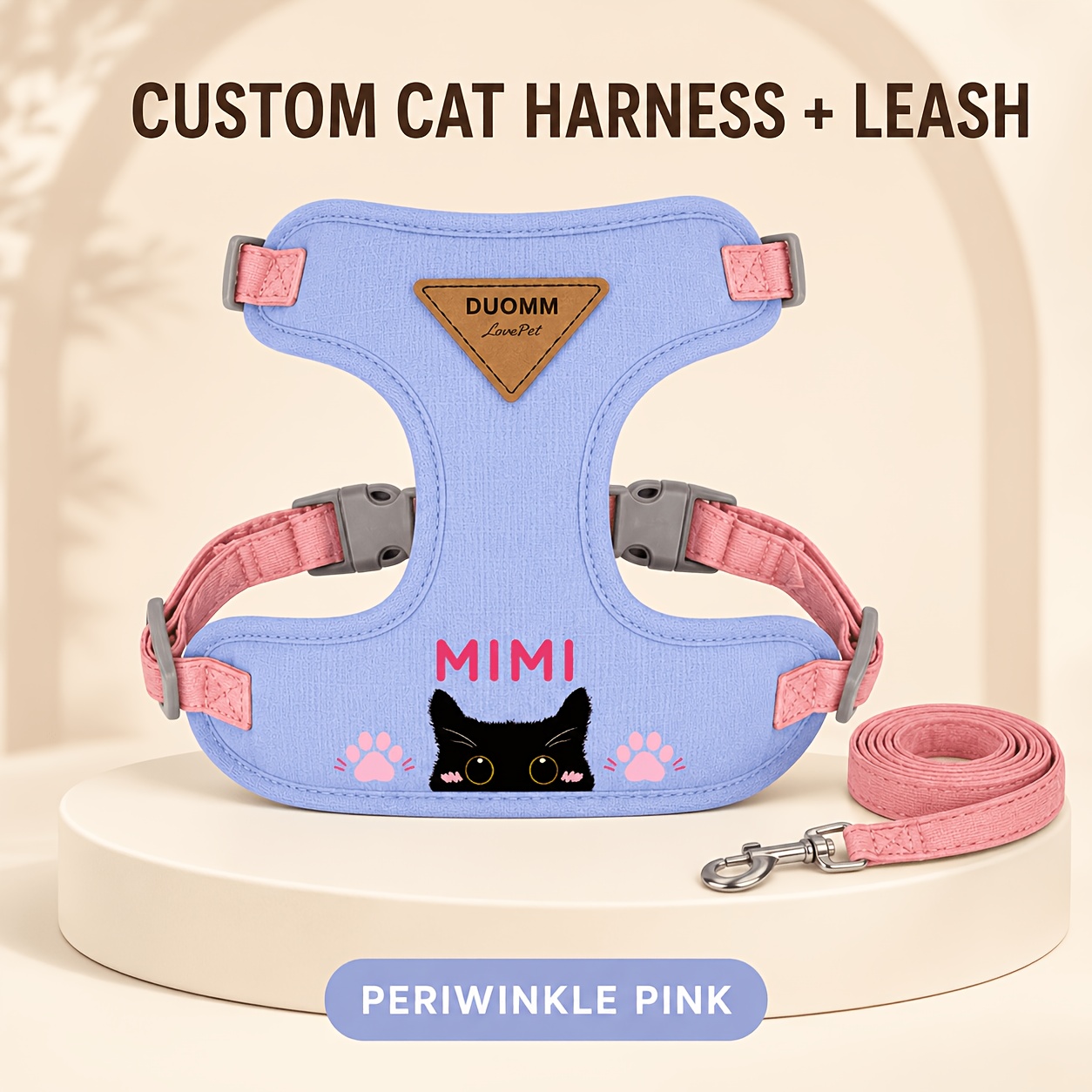 TEMU 1 Set Of Customizable Harness And Leash Set, Featuring A Personalized Black Cat Peeking Out With Paw Print Pattern. Soft, Thickened, And