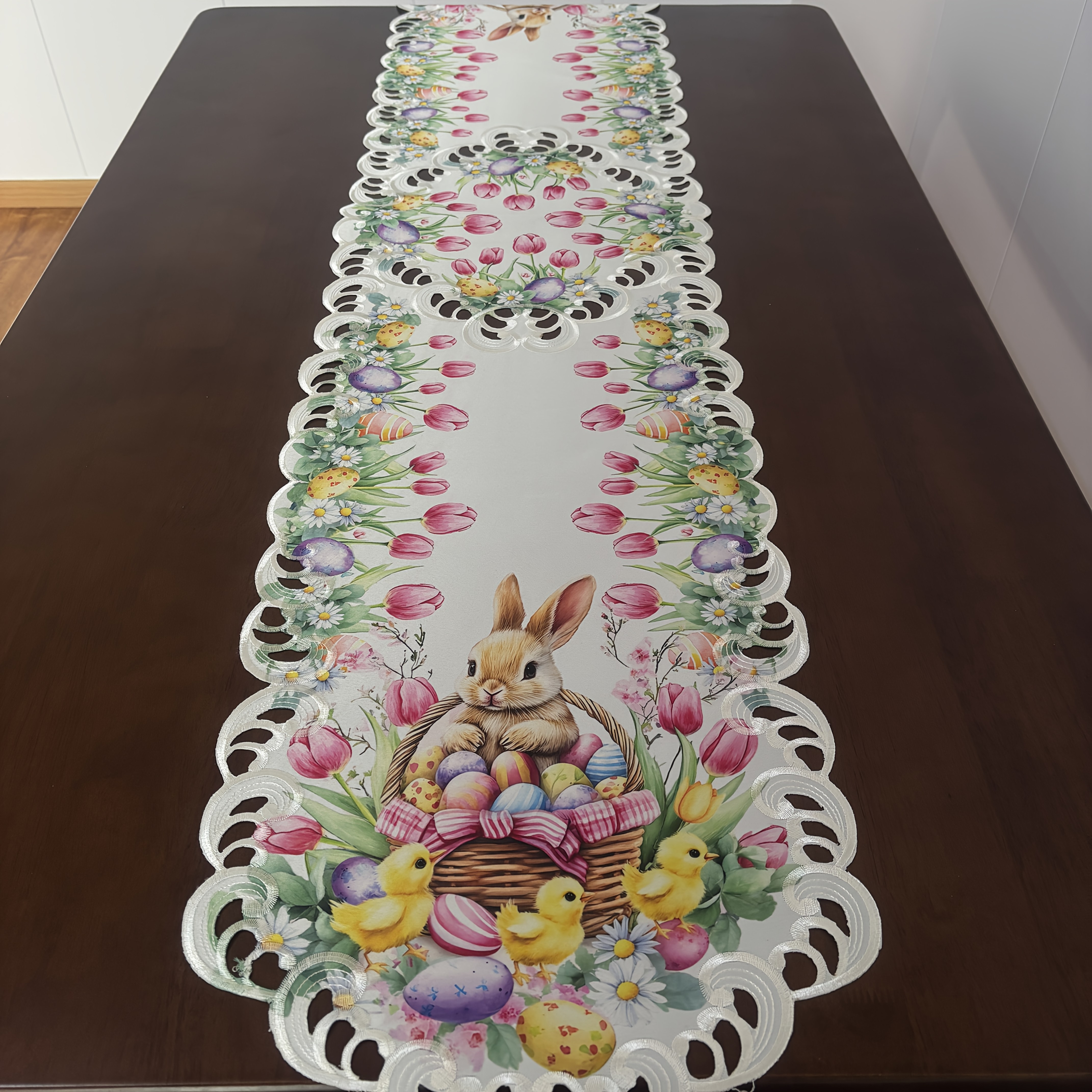 TEMU Spring Easter Flower Easter Egg Rabbit Table Runner Embroidered Hollow Tablecloth With Daisy And Tulip Designs, Suitable For Family Dinner And Holiday Table Decoration, Polyester Material