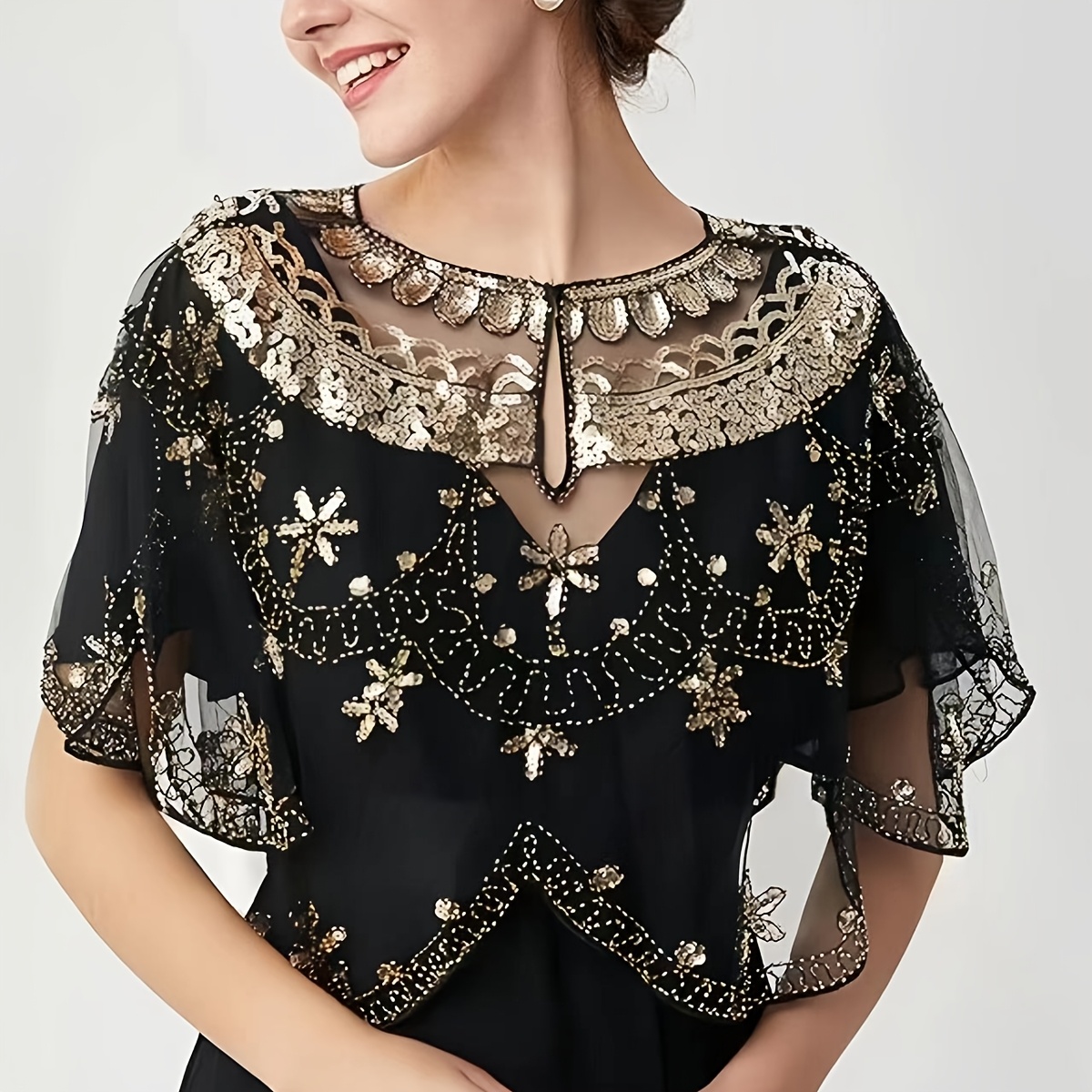 

1pc Elegant 1920s Style Beaded Sequin Shawl - Polyester Vintage Lace , Embroidered Decorative Wrap For Weddings, Evening Gowns, And Formal Events, 100% Polyester, Hand Wash Only