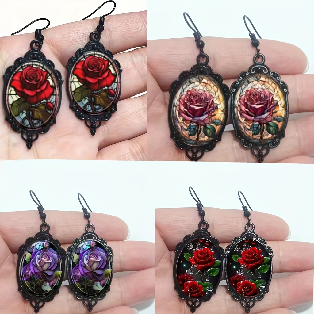 

4 Pairs Glass Cabochon Drop Earrings - Black Frame, Alloy & Iron Ear Hooks, Floral Glass Inlay, Elegant Vintage Style, - Ideal Gift For Her, Friends.