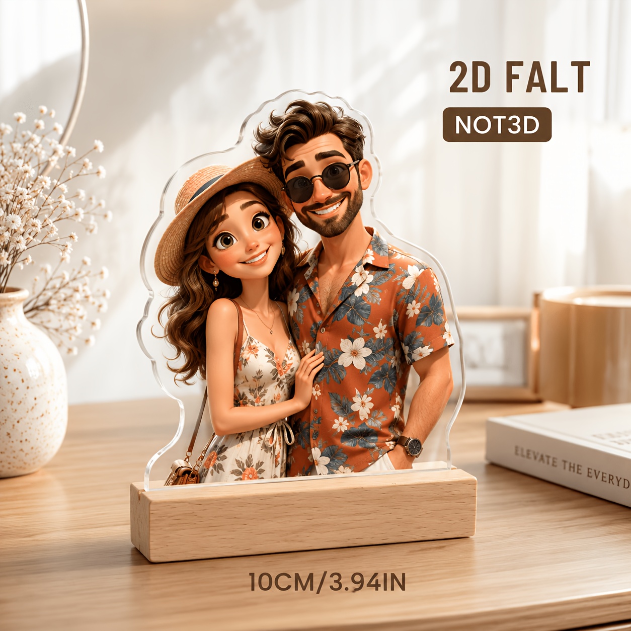 TEMU 1pc 2d Flat Not 3d 2d Flat Creative Photo To Cartoon Style Custom Acrylic Wooden Base Photo Frame Stand, Best Friend, Brother, , Colleague, Or