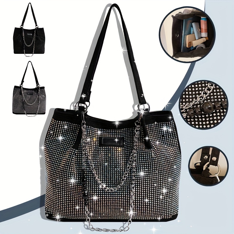 

Shiny Rhinestone Shoulder Bag, Trendy Chain Decor Tote Bag, Glitter Bling-bling Handbag For Women