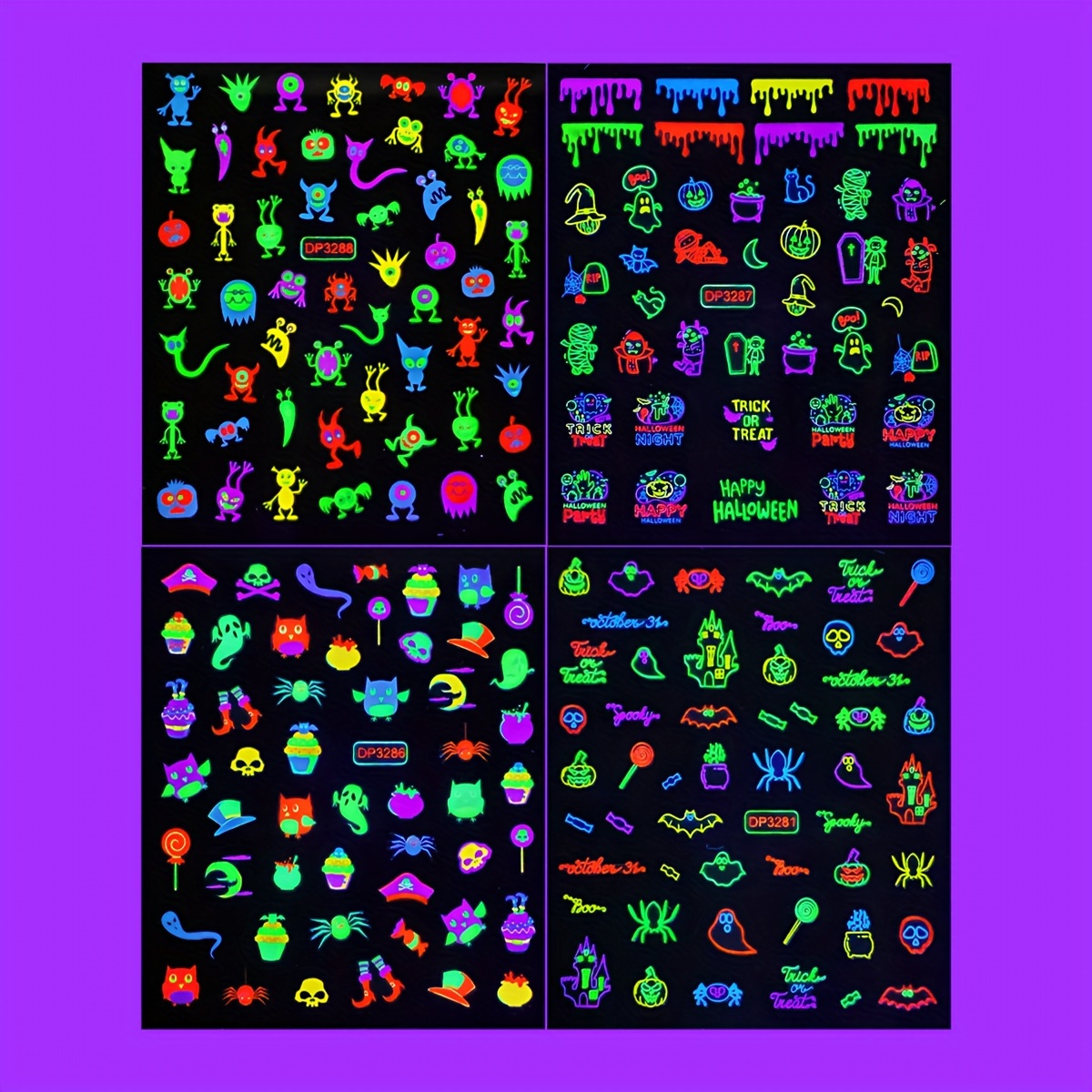 Image of 4 Sheets Neon Nail Art Stickers For Halloween Light Cute Pumpkin 3d Self-adhesive Nail Decals Bat Cat Designs Nail Decorations Diy Manicure Supplies