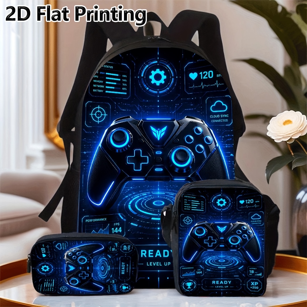 TEMU 3pcs 2d Printed Design Not Textured Backpack Set Neon Game Controller Printed 3pcs :1 Backbag  1 Pencil 1 Handbag