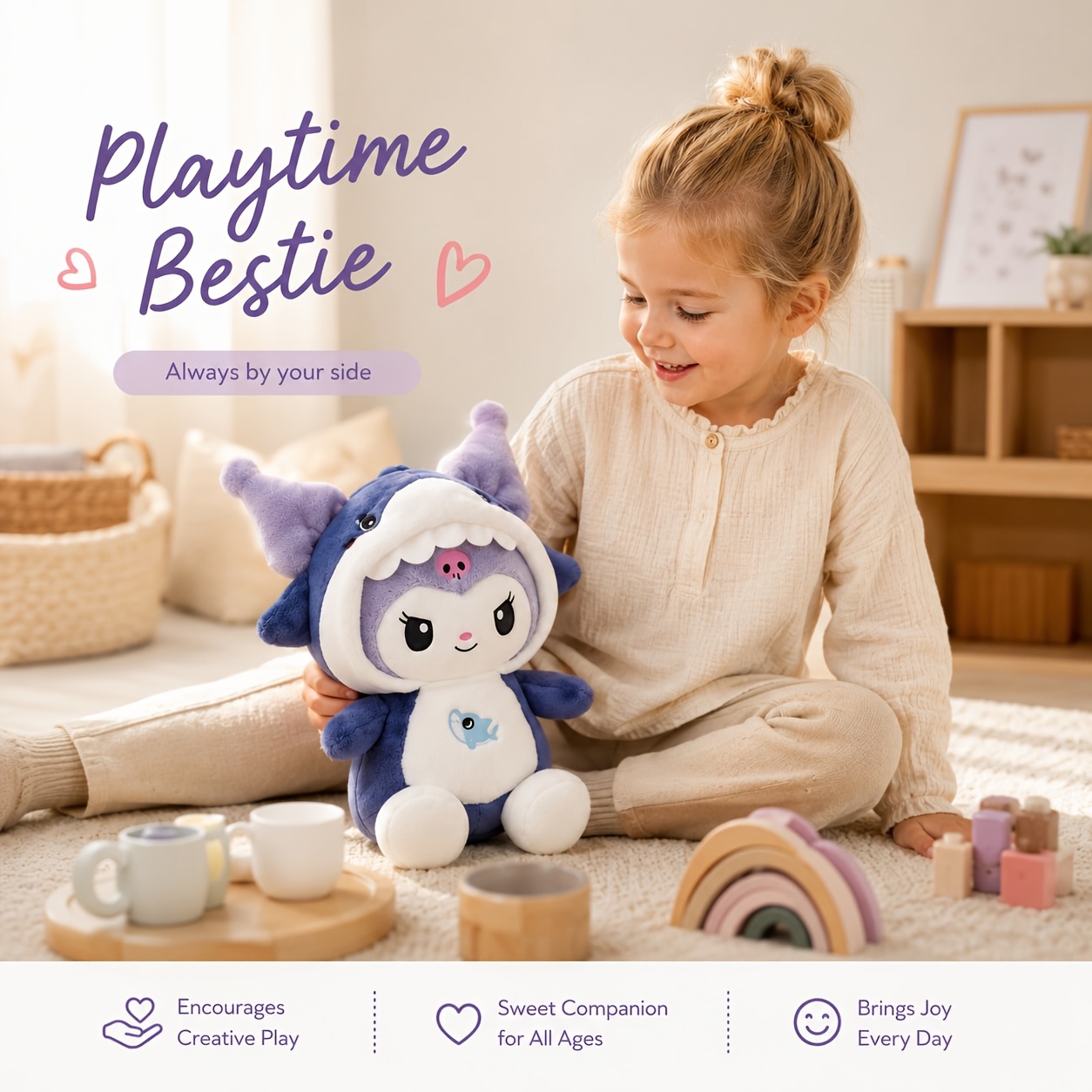 Image of Kuromi And My Melody Shark Plush Toy 35cm - Kawaii Stuffed Costume, Cute Gift For Christmas, Halloween, And Birthdays