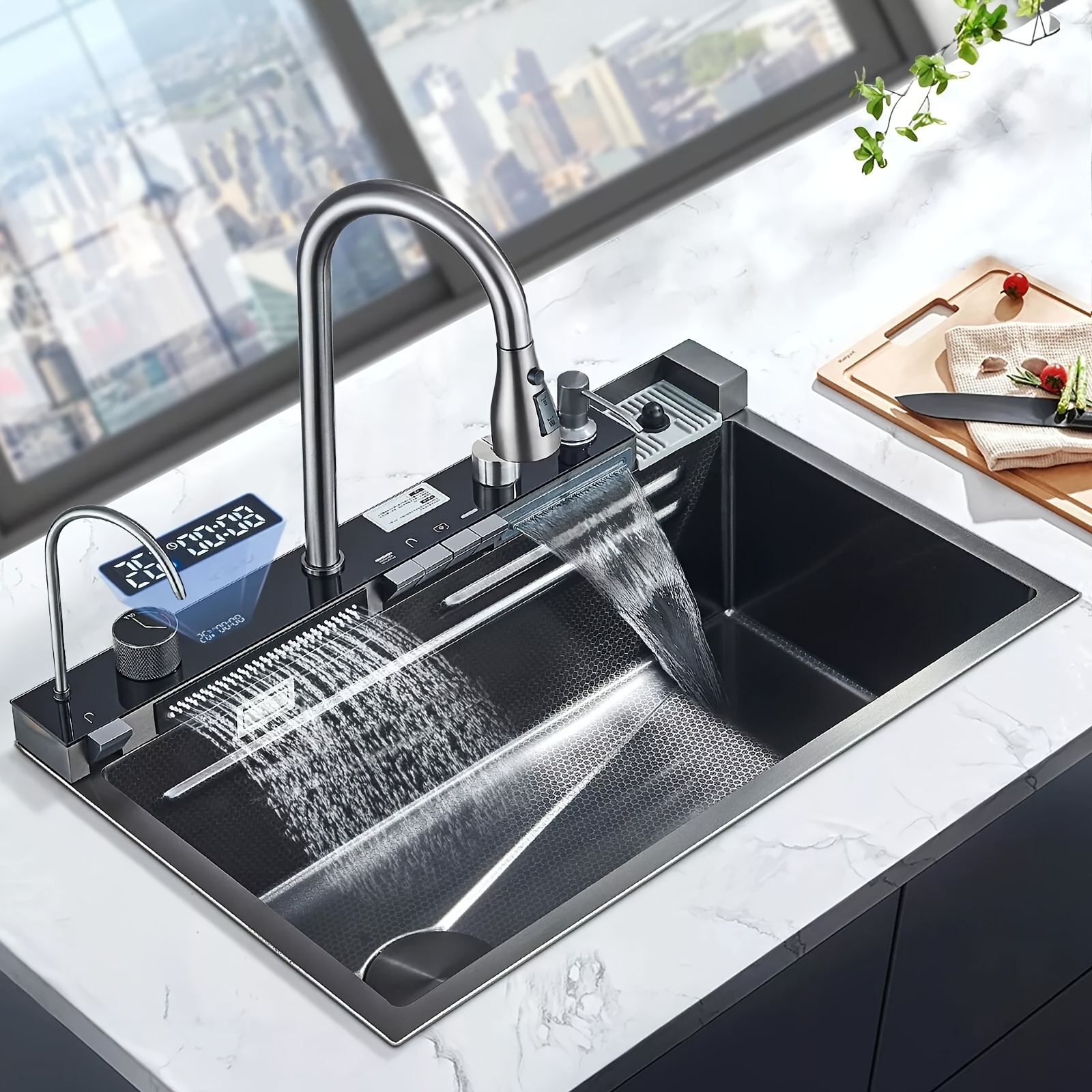 

Kitchen Sink With Mixer Faucets Stainless Steel Waterfall Drop In Kitchen Sink With Cup Washer, Stainless Steel Kitchen Sink Built-in Sink Waterfall Sink Tap Fitting