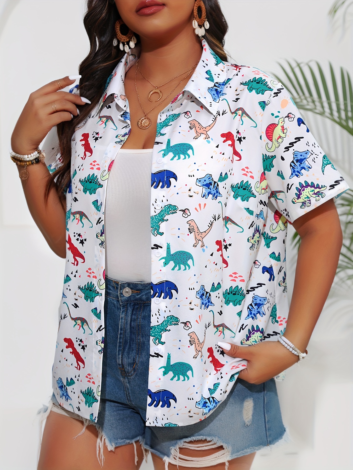 plus size dinosaur print button front shirt Temu Philippines