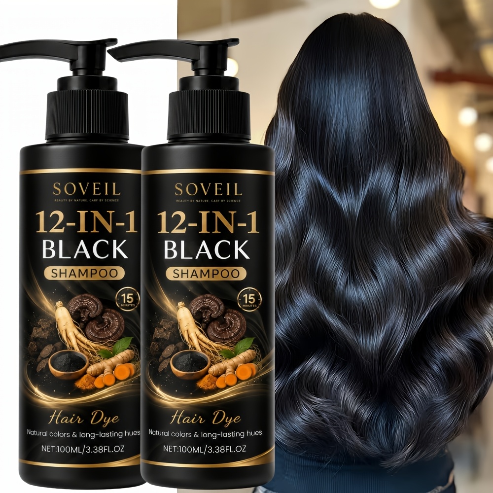 TEMU [long-] 2pcs*100ml 12-in-1 Black Hair Dye Shampoo, Plant Extract Coloring Hair Wash, Quickly Covers Gray Hair, Hair Moisture For A Long Time,