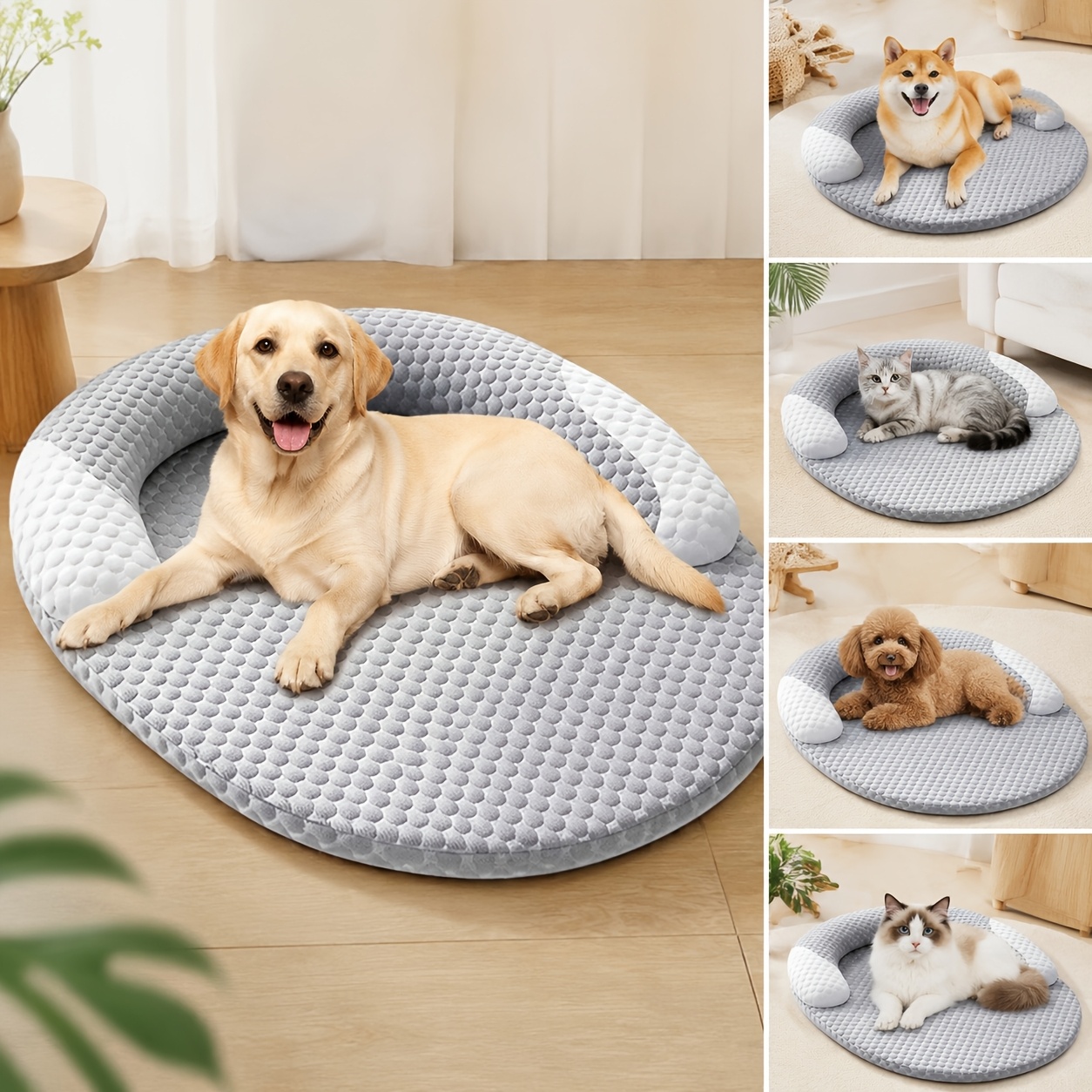 TEMU Tapis de couchage pour animaux de compagnie avec support de cou confortable, lit ovale pour chat et chien avec oreiller surélevé, coussin