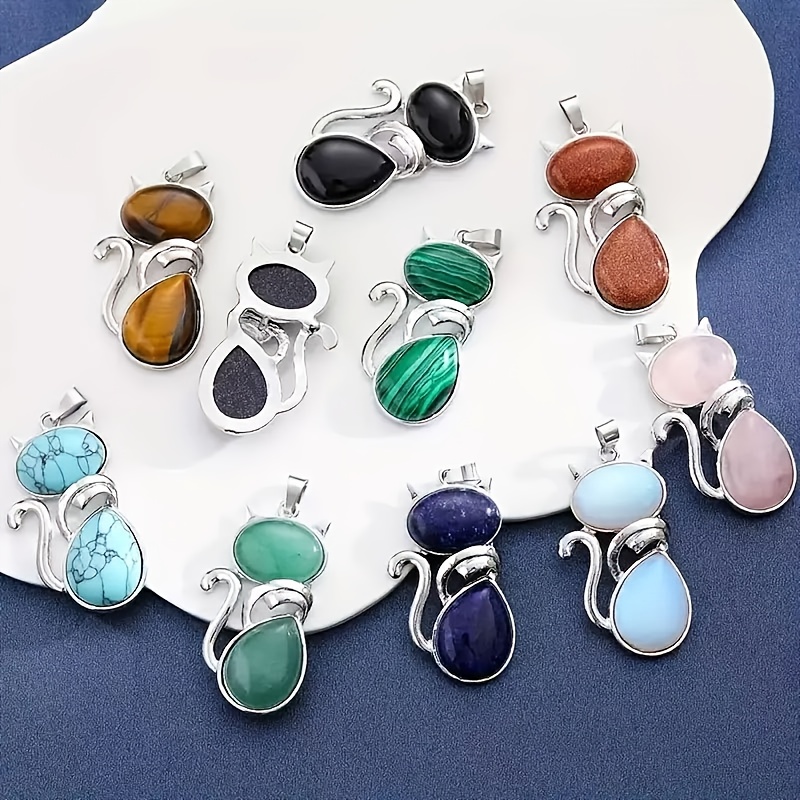 10pcs Natural Stone Cat-Shaped Pendant Ornaments Set