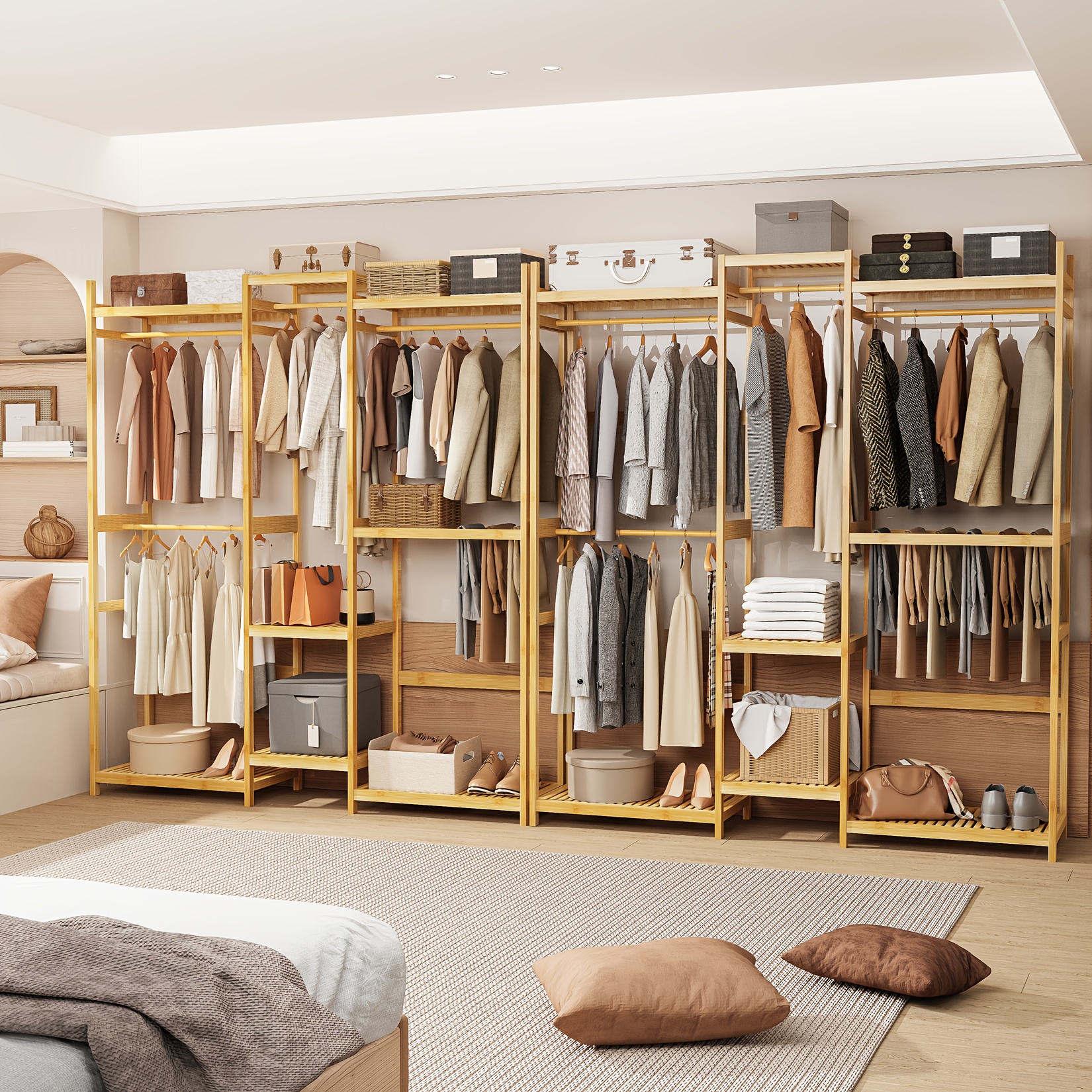 Temu Bambó RuhaszáRíTó RúD, RuharúD, KabáTakasztó, 4 AkasztóRúDdal, 8 Polccal, ÁLló Nyitott SzekréNy RúD RuháK, CipőK, Kalapok, TáSkáK TáRoláSáRa-image