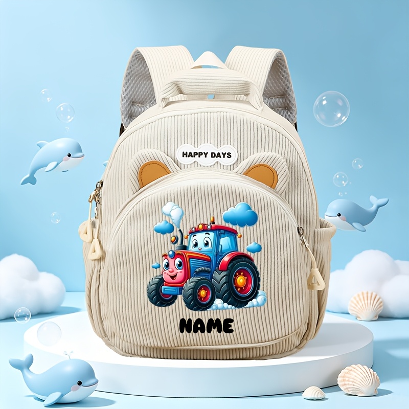 TEMU 1pc Sac à dos personnalisable avec oreilles d' 3D, nom personnalisé, options multicolores, imprimé tracteur de dessin style et ludique, matériau