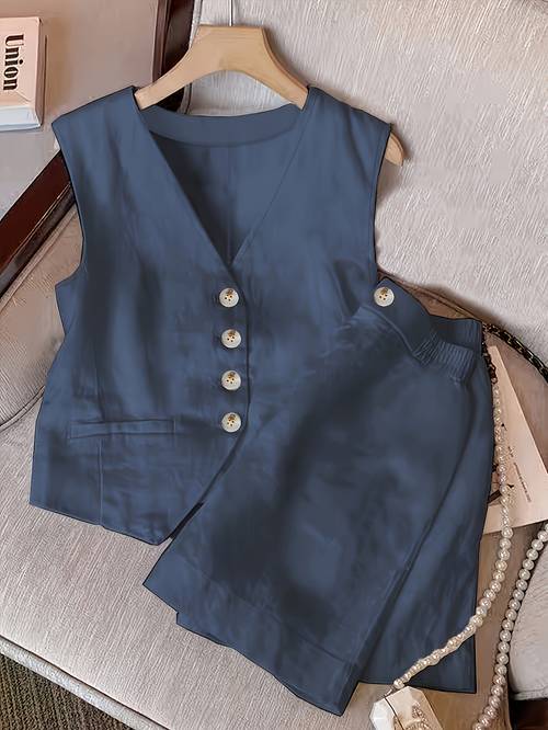 2pcs womens solid color button front sleeveless top and shorts set
