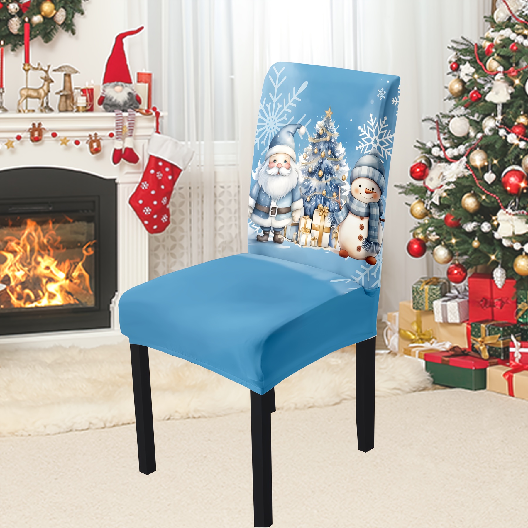 

4PCS/6PCS Housses de chaise élastiques à motif bleu de Noël, style , lavables en machine, durables et réutilisables pour à manger, décorations de fête de Noël