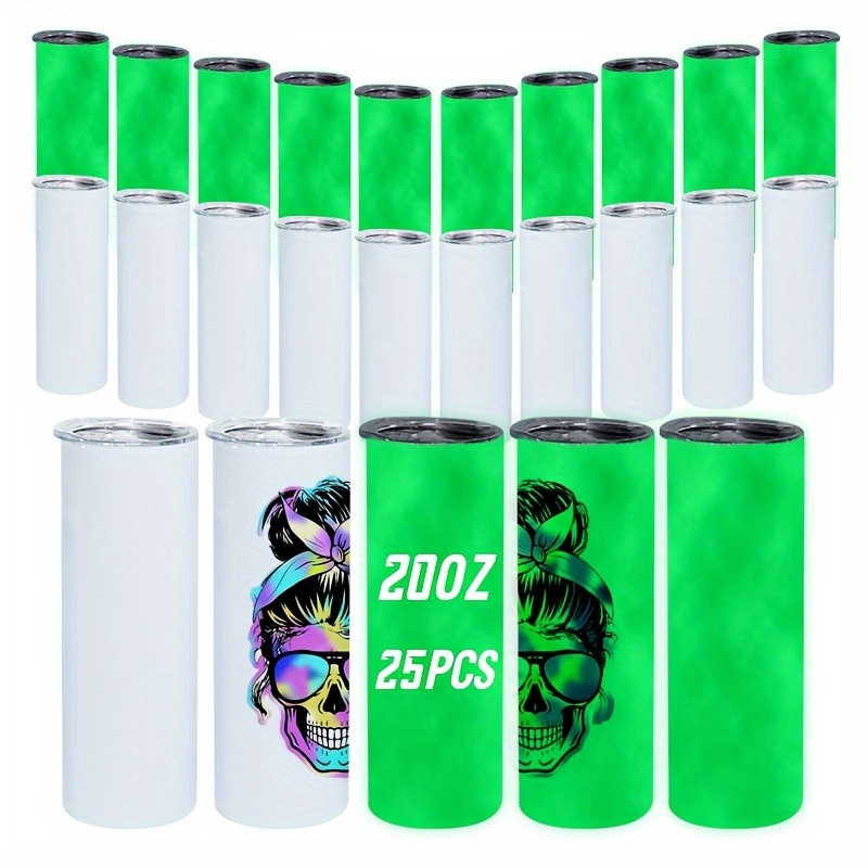 

25pcs, 20oz Sublimation Tumbler Skinny Tumbler Glow In The Dark Green, Straight Tumbler Sublimation Blanks Bulk, Double Wall Stainless Steel Vacuum Insulated Sublimation Tumblers Cup White, Diy Gift