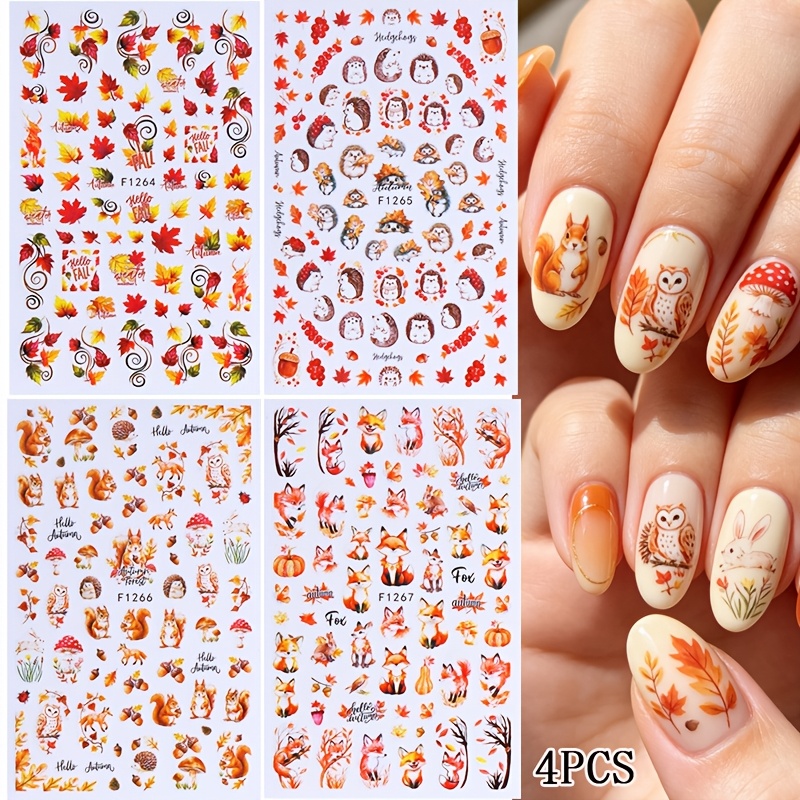 TEMU 4pcs Nail Stickers Autumn Maple Leaf Fox Squirrel Owl Rabbit Hedgehog Pattern Self Adhesive Nail Decals Cute Diy Nail Art Decorations Nail