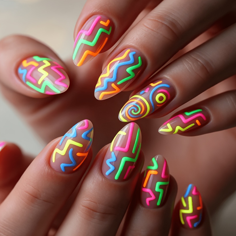 TEMU 24 uñas postizas de forma almendrada de media, coloridas, con líneas y en , diseño de cobertura total, uñas postizas reutilizables de forma