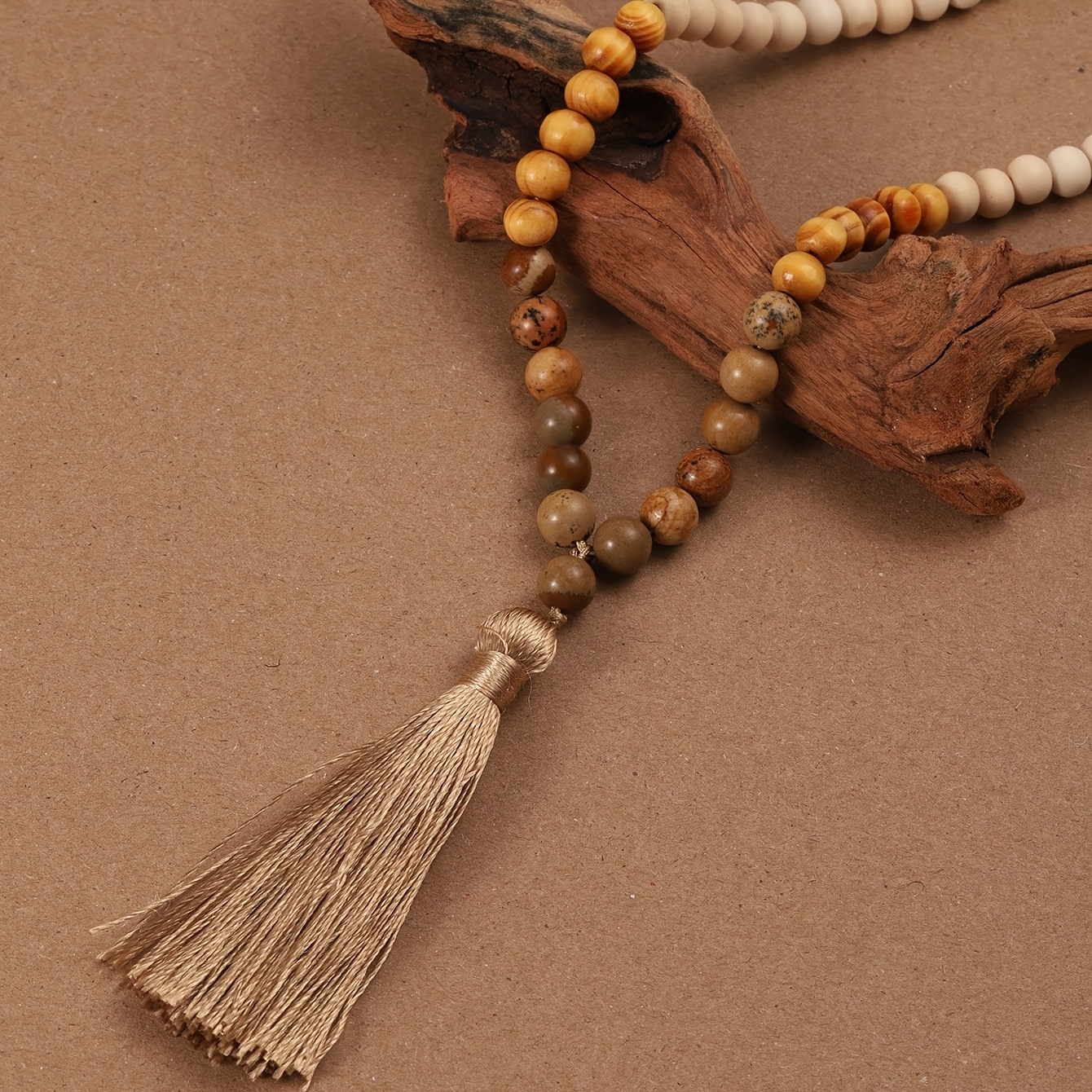 Image of 1pc Elegant Bohemian Easy Wooden Bead Women's Long Necklace Ethnic Style Premium All-match Sweater Chain Tassel Stone Necklace