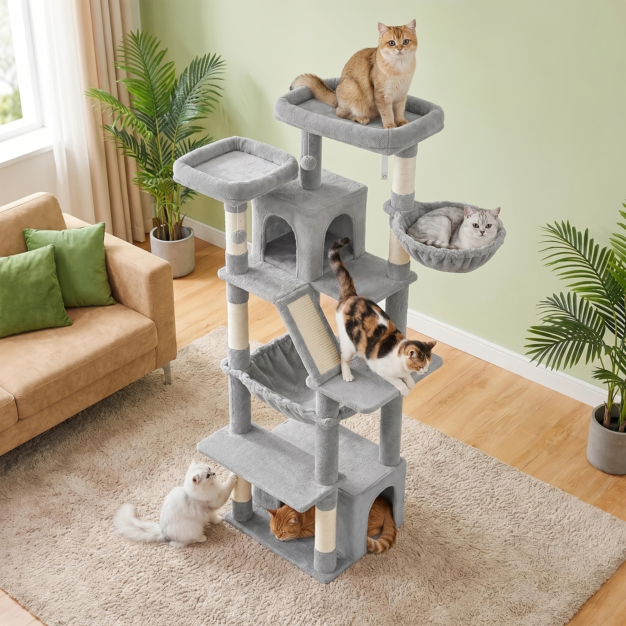 TEMU 185cm Xl Extra Tall Large Cat Tree 6 Densified Sisal Posts, Double Enclosed Caves, Suspended Hammock, 3d Structure, Suitable For All Cat Breeds