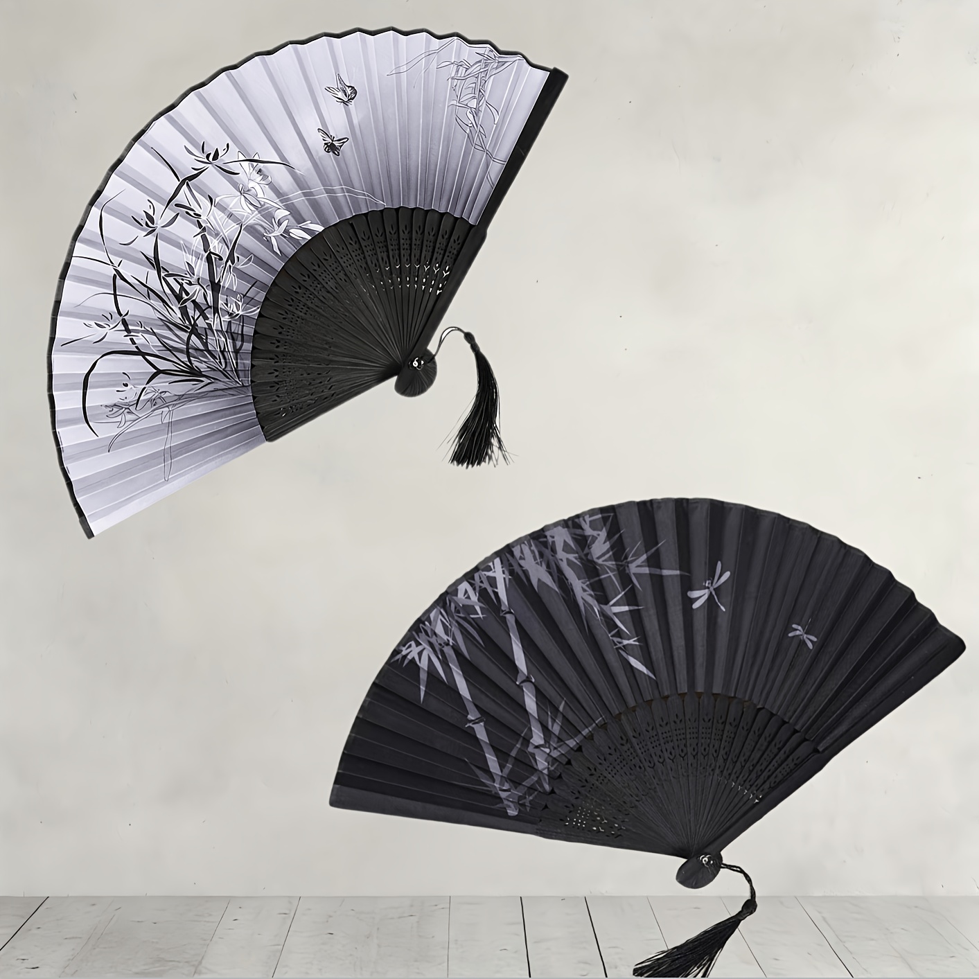 TEMU 2pcs 7-inch Portable Folding Dance Fans - Elegant Traditional Chinese Style With Floral & Solid Color Patterns, Lightweight Handheld For Dance,