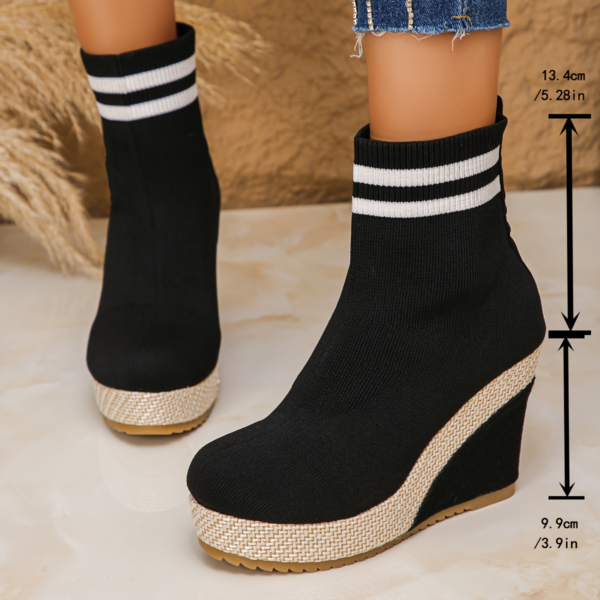Women'S Slip-On Chunky Heel Ankle Boots - Round Toe & Wedge Design, Black Fabric Upper with White Striped Detailing, Elastic Rubber Sole for Winter Fashion & Casual Outfits, Winter Footwear, Trendy Boot Design