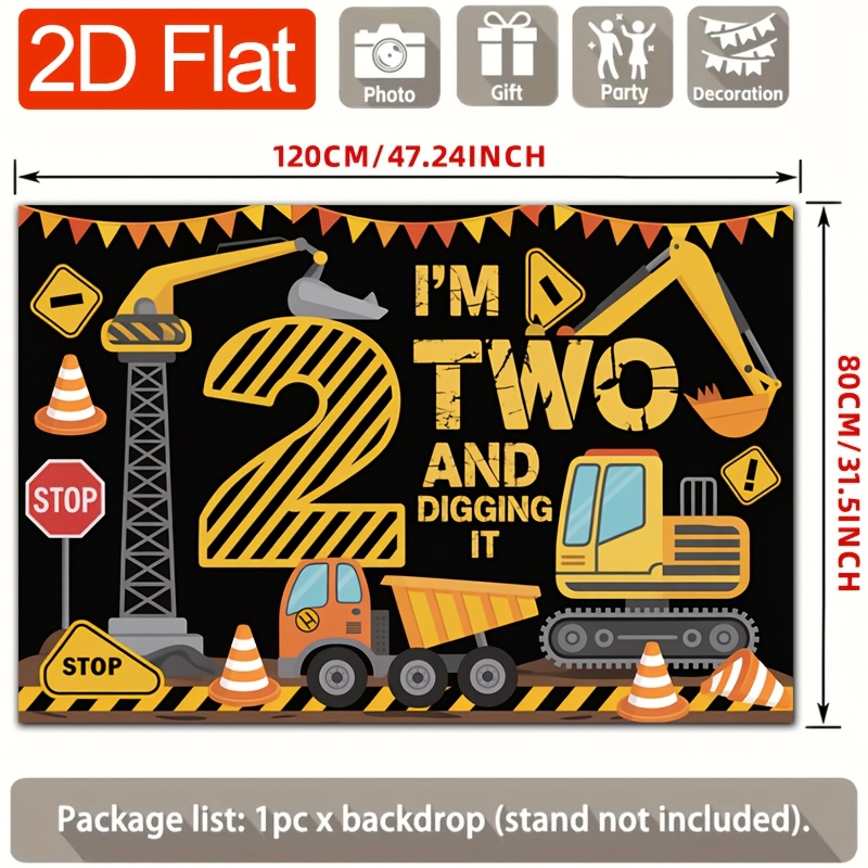 TEMU 2d Flat, 1pc 1pcs "i'm 2 & Digging It" Construction Truck Backdrop Suitable For Party Decorations,,, For Home, For Farm, For Garden - Polyester